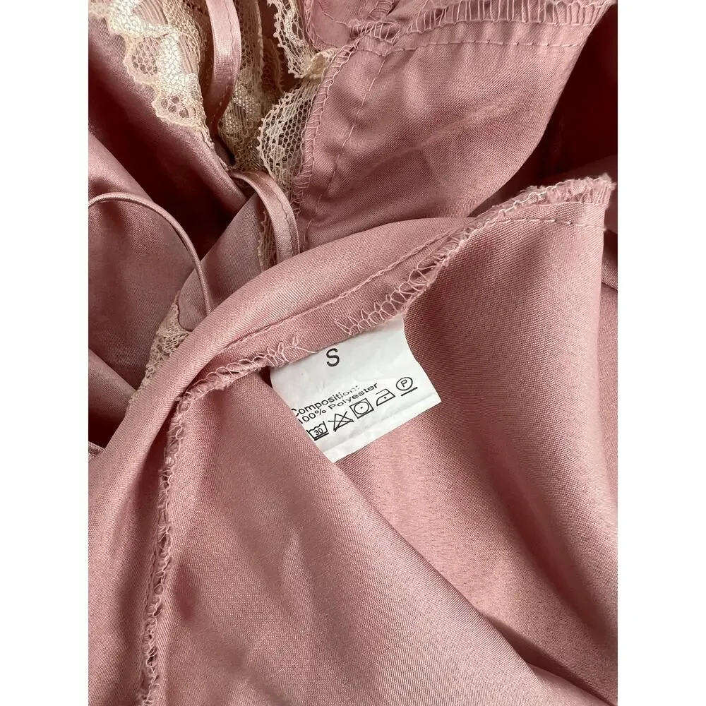 Y2K Pink Satin Lace Trim Slip Mini Dress Open Back Tie Coquette Size S - Picture 5 of 6